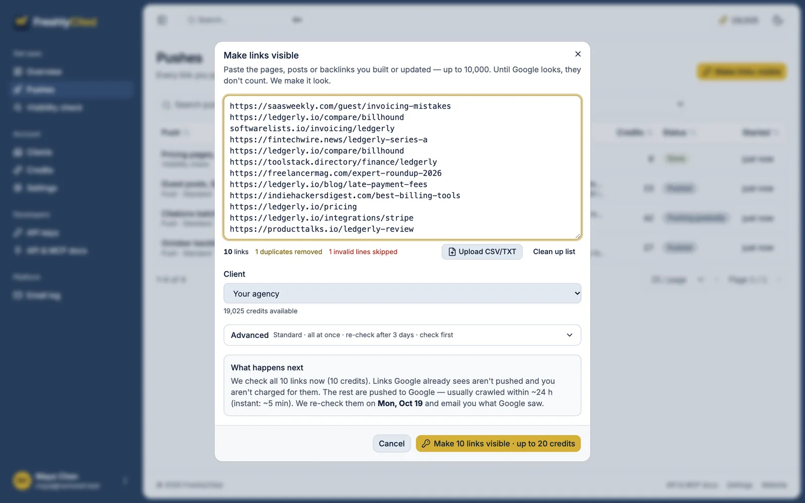 Make links visible dialog with 12 pasted links: 10 links, 1 duplicate removed, 1 invalid line skipped, and a plain explanation of what happens next
