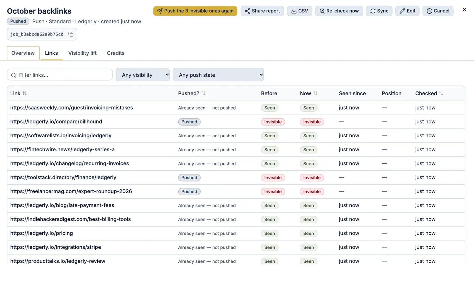 Per-link table: nine links marked Already seen, not pushed; three marked Pushed and Invisible